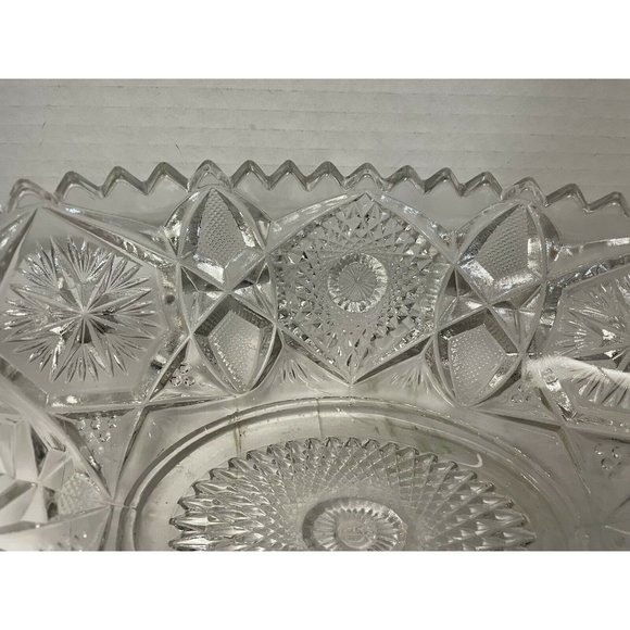 Antique American Nucut Glass Oval Bowl Dish SawTooth Rim Hobstar Vintage - Picture 9 of 10